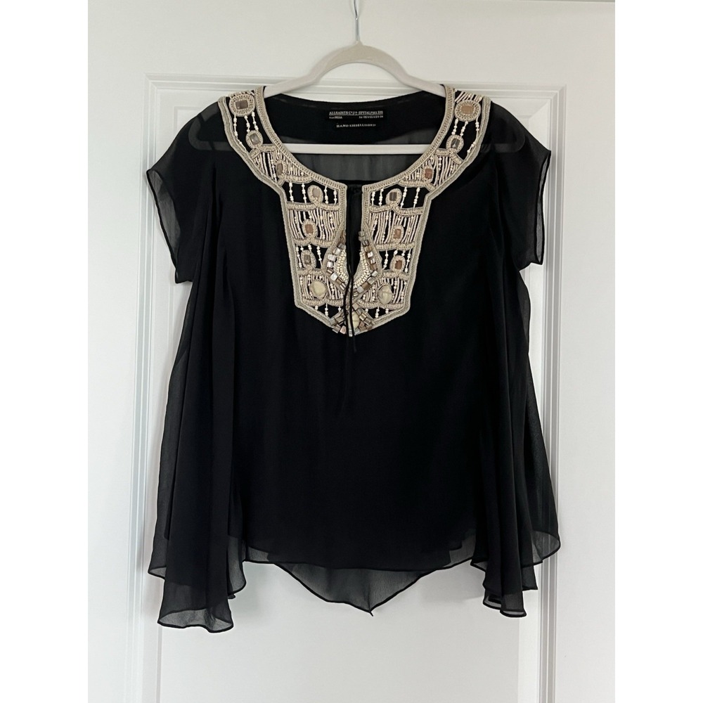NEW All Saints 100% Silk Arcadian Blanca Chiffon Flutter Sleeves Blouse 4 Beaded